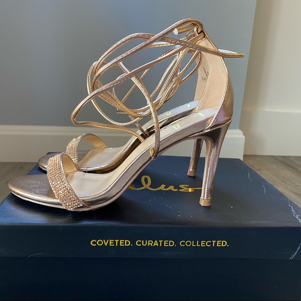 Lulus Renaldo Rose Gold Rhinestone Lace Up Heels